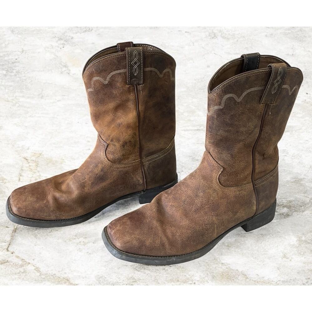 Justin Brown Leather Cowboy Boots Mens Size 11D Oil Resisting Square Toe Western